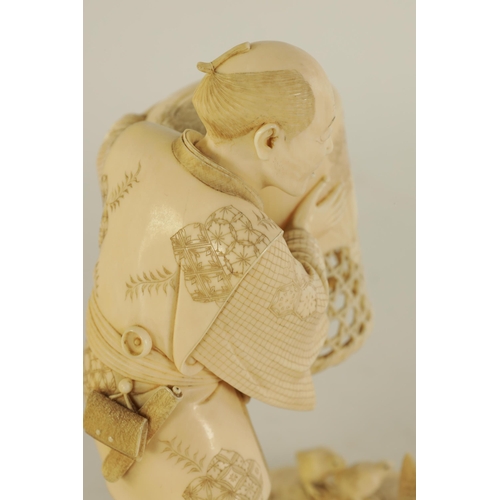 221 - A FINE JAPANESE MEIJI PERIOD TOKYO SCHOOL CARVED IVORY OKIMONO depicting a farmer and chickens with ... 