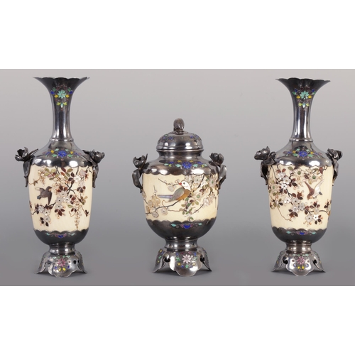 223 - A FINE JAPANESE MEIJI PERIOD THREE PIECE SHIBAYAMA AND ENAMELLED SILVER GARNITURE SET comprising a p... 