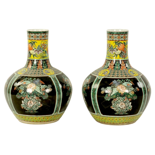 227 - A LARGE AND IMPRESSIVE PAIR OF MID 19TH CENTURY CHINESE FAMILLE VERTE SLENDER NECK BULBOUS VASES dec... 