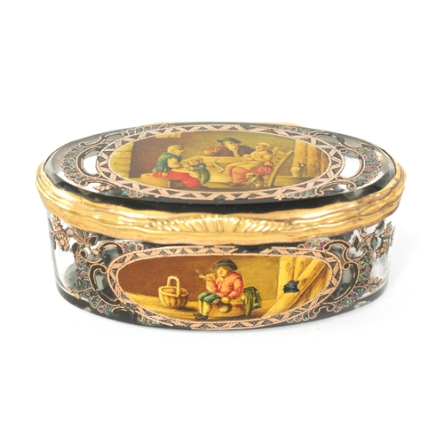 229 - AN UNUSUAL 19TH CENTURY CONTINENTAL GLASS AND GILT METAL MOUNTED OVAL PATCH BOX with painted panels ... 