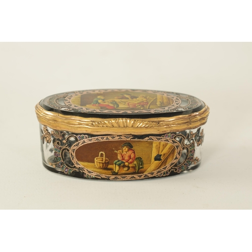 229 - AN UNUSUAL 19TH CENTURY CONTINENTAL GLASS AND GILT METAL MOUNTED OVAL PATCH BOX with painted panels ... 