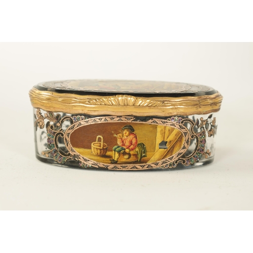 229 - AN UNUSUAL 19TH CENTURY CONTINENTAL GLASS AND GILT METAL MOUNTED OVAL PATCH BOX with painted panels ... 