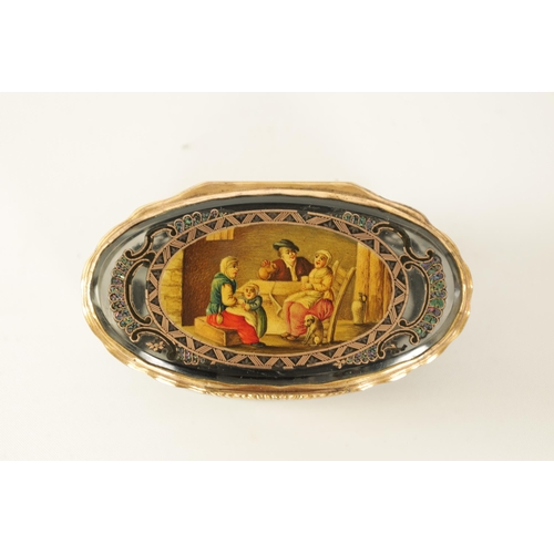 229 - AN UNUSUAL 19TH CENTURY CONTINENTAL GLASS AND GILT METAL MOUNTED OVAL PATCH BOX with painted panels ... 