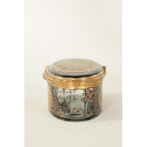 229 - AN UNUSUAL 19TH CENTURY CONTINENTAL GLASS AND GILT METAL MOUNTED OVAL PATCH BOX with painted panels ... 