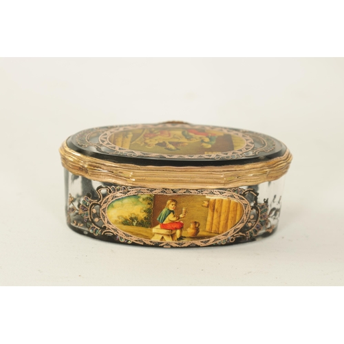 229 - AN UNUSUAL 19TH CENTURY CONTINENTAL GLASS AND GILT METAL MOUNTED OVAL PATCH BOX with painted panels ... 