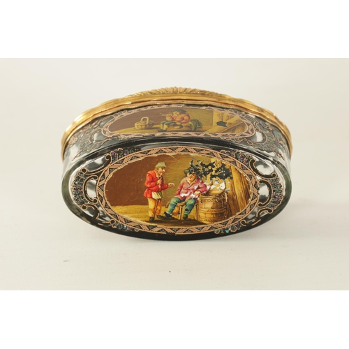 229 - AN UNUSUAL 19TH CENTURY CONTINENTAL GLASS AND GILT METAL MOUNTED OVAL PATCH BOX with painted panels ... 