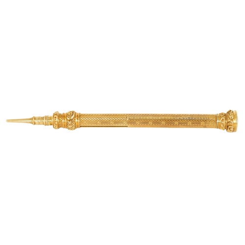 231 - A 9CT GOLD SAMPSON MORDAN & CO. PROPELLING PENCIL the signed shaft with engine-turned decoration, re... 