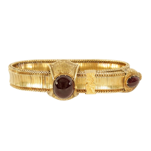 234 - A 19TH CENTURY 14CT GOLD AND GARNET BRACELET adjustable in size with mesh links and cabochon garnets... 