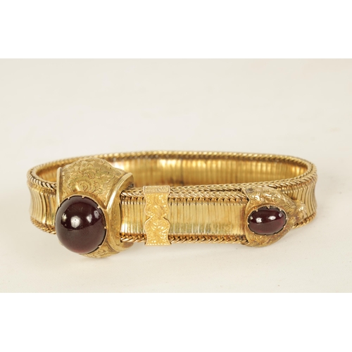 234 - A 19TH CENTURY 14CT GOLD AND GARNET BRACELET adjustable in size with mesh links and cabochon garnets... 