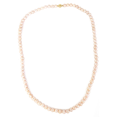 236 - A LARGE STRING OF PINK FRESH WATER PEARLS with 9ct gold clasp (86cm long)