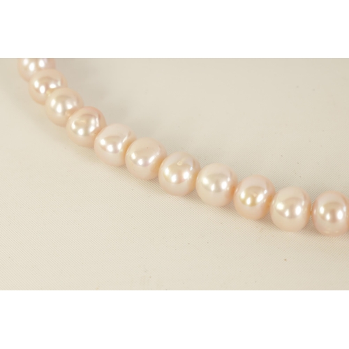 236 - A LARGE STRING OF PINK FRESH WATER PEARLS with 9ct gold clasp (86cm long)