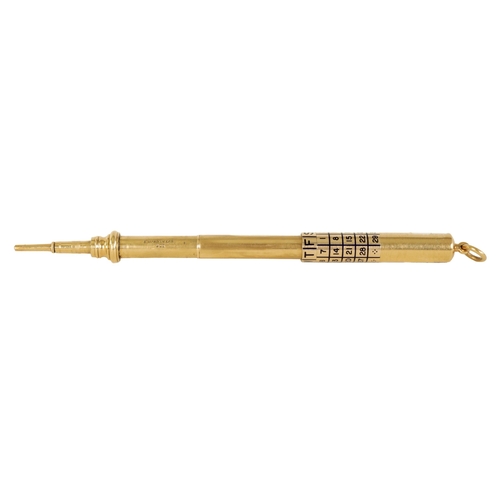 237 - A LATE 19TH CENTURY SAMPSON MORDAN & CO. 9CT GOLD CALENDAR PENCIL having a telescopic action with en... 