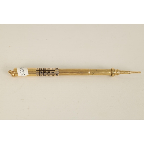 237 - A LATE 19TH CENTURY SAMPSON MORDAN & CO. 9CT GOLD CALENDAR PENCIL having a telescopic action with en... 