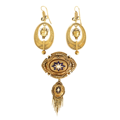 241 - A MID 19TH CENTURY 15CT GOLD, ENAMEL AND PEARL EARRING AND BROOCH SET of neo-classical style with ur... 