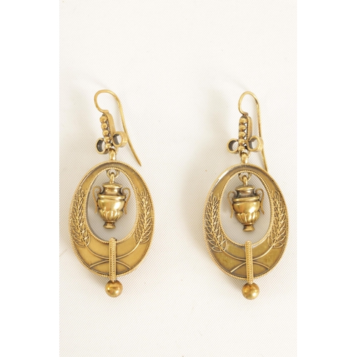 241 - A MID 19TH CENTURY 15CT GOLD, ENAMEL AND PEARL EARRING AND BROOCH SET of neo-classical style with ur... 