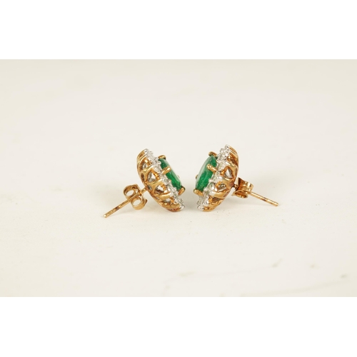 247 - A LARGE PAIR OF EMERALD AND DIAMOND EARRINGS on 9ct gold settings, each having 12 brilliant-cut diam... 