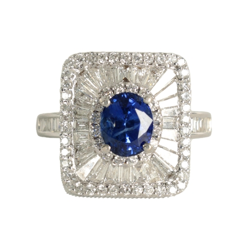 251 - A LADIES 18CT WHITE GOLD, SAPPHIRE AND DIAMOND RING of unusual square form bordered by brilliant cut... 