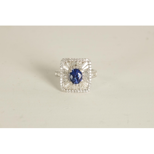 251 - A LADIES 18CT WHITE GOLD, SAPPHIRE AND DIAMOND RING of unusual square form bordered by brilliant cut... 