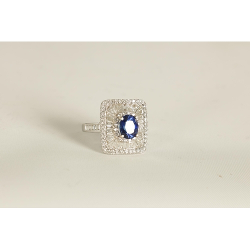 251 - A LADIES 18CT WHITE GOLD, SAPPHIRE AND DIAMOND RING of unusual square form bordered by brilliant cut... 