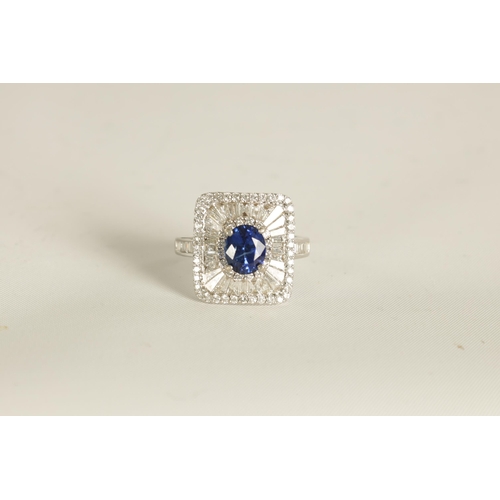 251 - A LADIES 18CT WHITE GOLD, SAPPHIRE AND DIAMOND RING of unusual square form bordered by brilliant cut... 