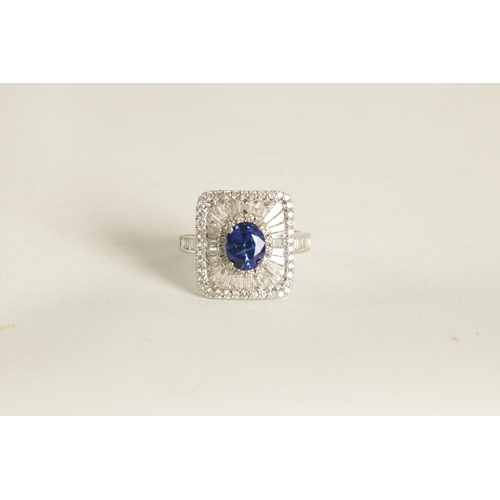 251 - A LADIES 18CT WHITE GOLD, SAPPHIRE AND DIAMOND RING of unusual square form bordered by brilliant cut... 