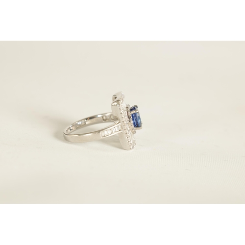 251 - A LADIES 18CT WHITE GOLD, SAPPHIRE AND DIAMOND RING of unusual square form bordered by brilliant cut... 