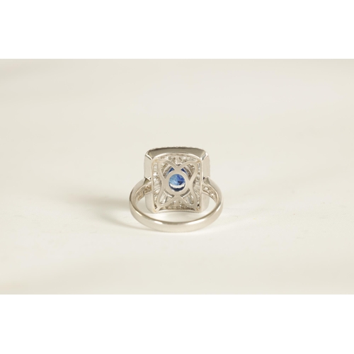 251 - A LADIES 18CT WHITE GOLD, SAPPHIRE AND DIAMOND RING of unusual square form bordered by brilliant cut... 