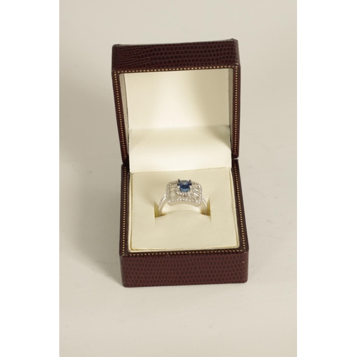 251 - A LADIES 18CT WHITE GOLD, SAPPHIRE AND DIAMOND RING of unusual square form bordered by brilliant cut... 