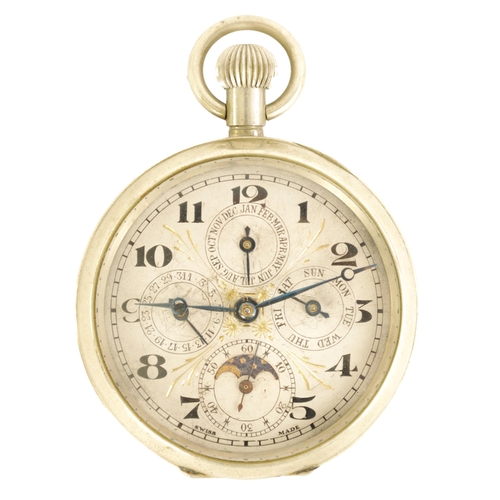 259 - A LATE 19TH CENTURY TRIPLE CALENDAR MOONPHASE OPEN FACE POCKET WATCH the nickel case enclosing a sil... 