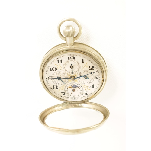 259 - A LATE 19TH CENTURY TRIPLE CALENDAR MOONPHASE OPEN FACE POCKET WATCH the nickel case enclosing a sil... 