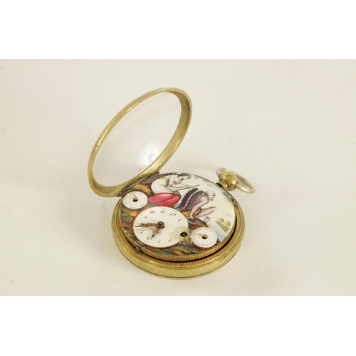 263 - A 19TH CENTURY CONTINENTAL ENAMEL CALENDAR DIAL OPEN FACE POCKET WATCH with nickel case enclosing an... 