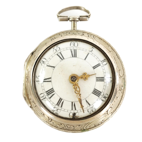 268 - J. MILLER, LONDON. NUMBER 25060 AN EARLY 18TH CENTURY SILVER VERGE PAIR CASED POCKET WATCH the embos... 