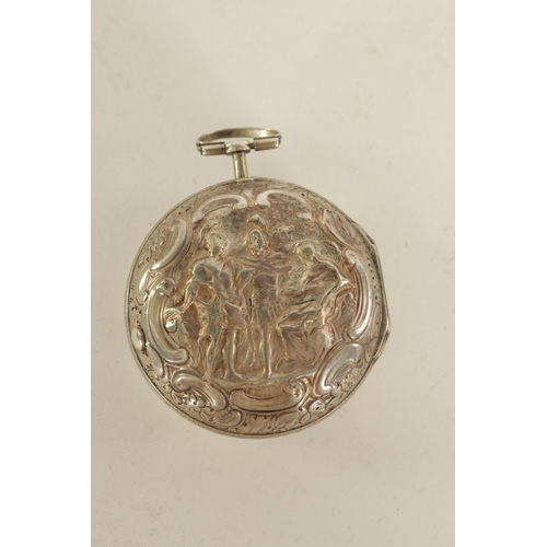 268 - J. MILLER, LONDON. NUMBER 25060 AN EARLY 18TH CENTURY SILVER VERGE PAIR CASED POCKET WATCH the embos... 