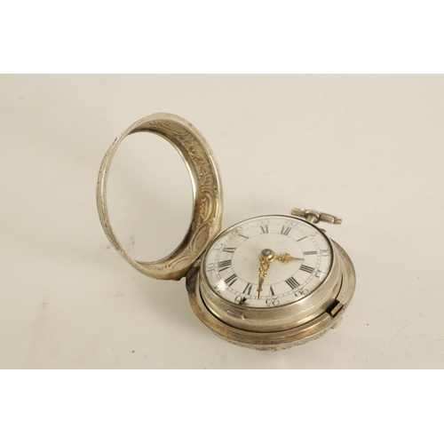 268 - J. MILLER, LONDON. NUMBER 25060 AN EARLY 18TH CENTURY SILVER VERGE PAIR CASED POCKET WATCH the embos... 