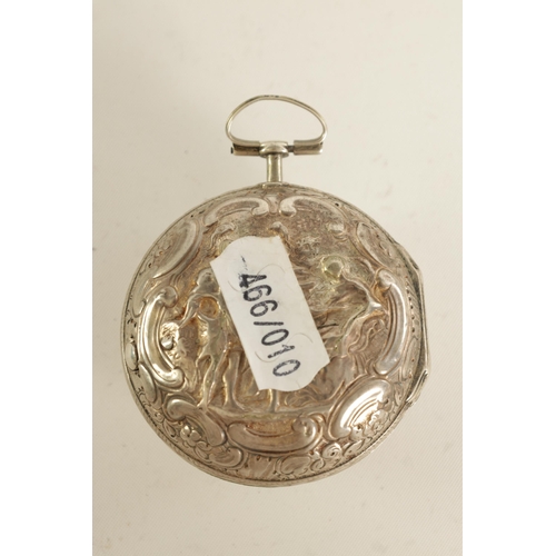 268 - J. MILLER, LONDON. NUMBER 25060 AN EARLY 18TH CENTURY SILVER VERGE PAIR CASED POCKET WATCH the embos... 