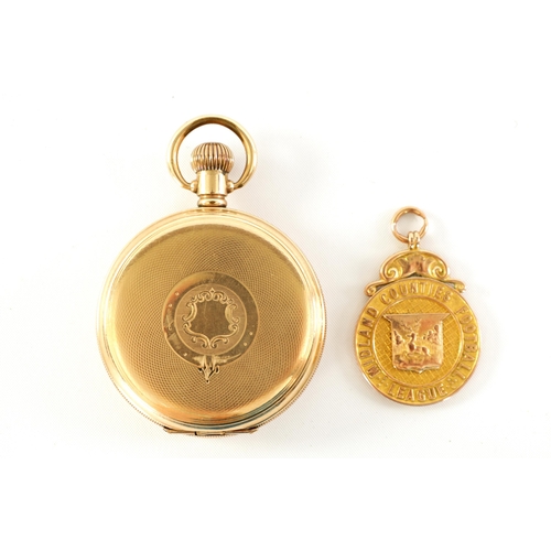 269 - OF FOOTBALL INTEREST - A 9CT GOLD PRESENTATION MEDAL TOGETHER WITH A WALTHAM POCKET WATCH the gold m... 