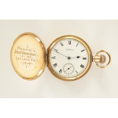 269 - OF FOOTBALL INTEREST - A 9CT GOLD PRESENTATION MEDAL TOGETHER WITH A WALTHAM POCKET WATCH the gold m... 