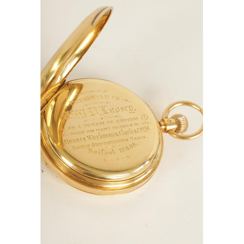 278 - KARL ZIMMERMAN, LIVERPOOL. A LATE 19TH CENTURY 18CT GOLD HUNTER POCKET WATCH with engraved spring lo... 