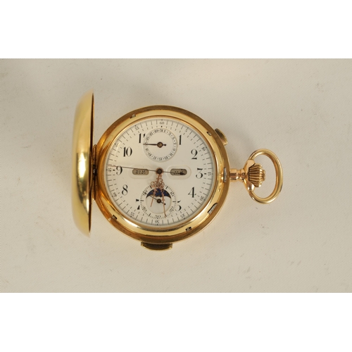 279 - A LATE 19TH CENTURY 18CT GOLD HUNTER CHRONOGRAPH QUARTER REPEATING POCKET WATCH the case with stop/s... 