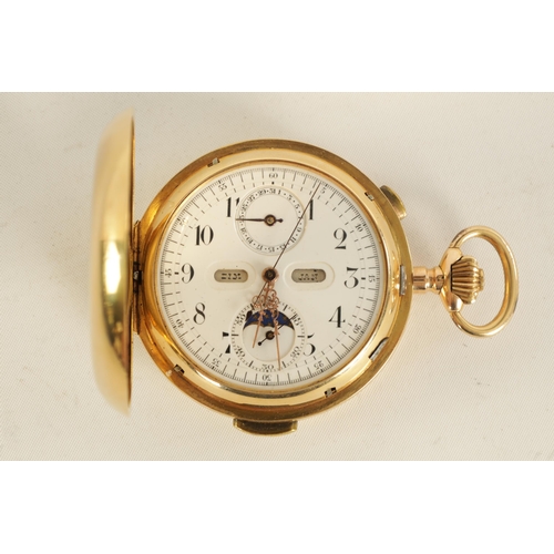 279 - A LATE 19TH CENTURY 18CT GOLD HUNTER CHRONOGRAPH QUARTER REPEATING POCKET WATCH the case with stop/s... 