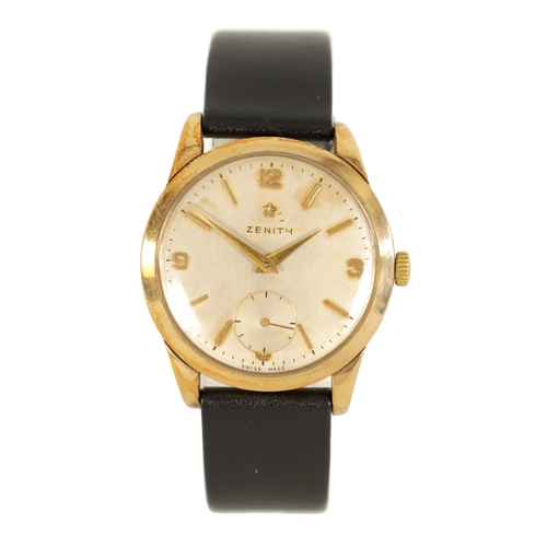 282 - A 1950'S GENTLEMAN’S 9CT GOLD ZENITH CHRONOMETER WRISTWATCH with broad bezel enclosing a silvered di... 