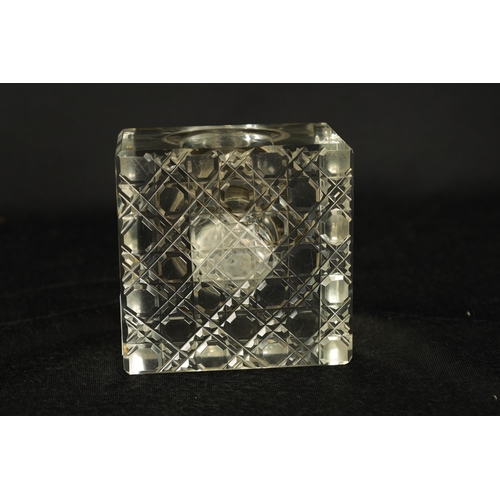 289 - AN EDWARD VII SQUARE HOBNAIL-CUT GLASS SILVER MOUNTED INKWELL the chamfer-edge top set with a silver... 