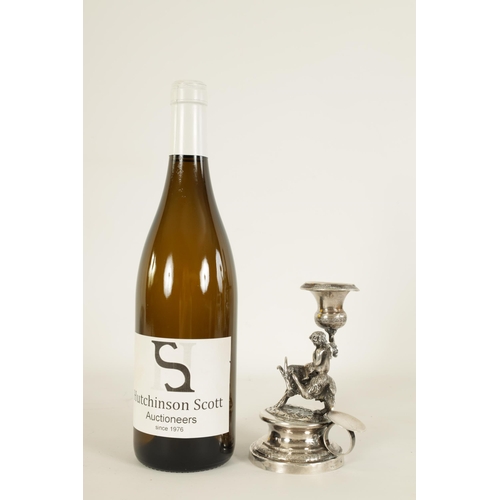 299 - A 19TH CENTURY CONTINENTAL SILVER FIGURAL CANDLESTICK modelled as Cupid riding a goat holding an eng... 