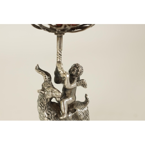 300 - A 19TH CENTURY CONTINENTAL SILVER FIGURAL WAX JACK modelled as Cupid riding a goat beneath a spheric... 