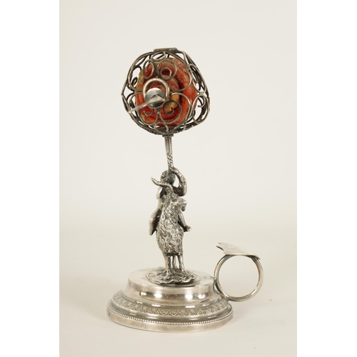 300 - A 19TH CENTURY CONTINENTAL SILVER FIGURAL WAX JACK modelled as Cupid riding a goat beneath a spheric... 