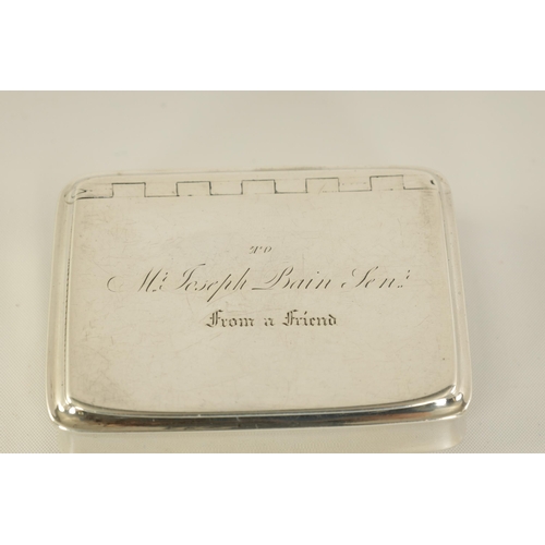 303 - A GEORGE III SCOTTISH SILVER SNUFF BOX of plain rectangular form with hinged inscribed lid and gilt ... 