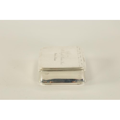 303 - A GEORGE III SCOTTISH SILVER SNUFF BOX of plain rectangular form with hinged inscribed lid and gilt ... 