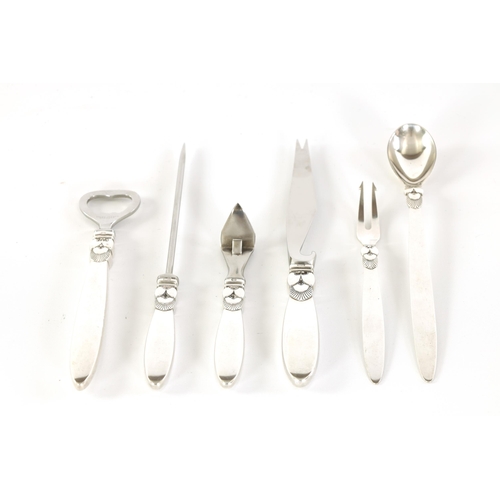 308 - A GEORGE JENSEN, DENMARK SIX PIECE SILVER MOUNTED COCKTAIL SET the plain handles with stylised decor... 