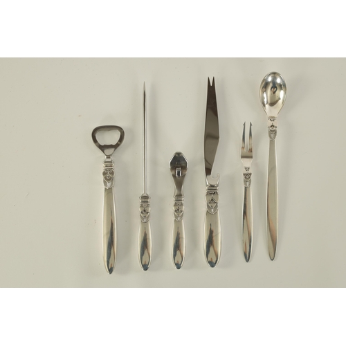 308 - A GEORGE JENSEN, DENMARK SIX PIECE SILVER MOUNTED COCKTAIL SET the plain handles with stylised decor... 