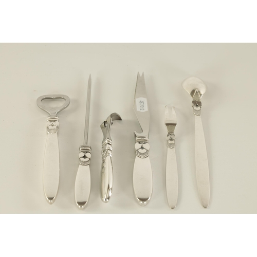 308 - A GEORGE JENSEN, DENMARK SIX PIECE SILVER MOUNTED COCKTAIL SET the plain handles with stylised decor... 